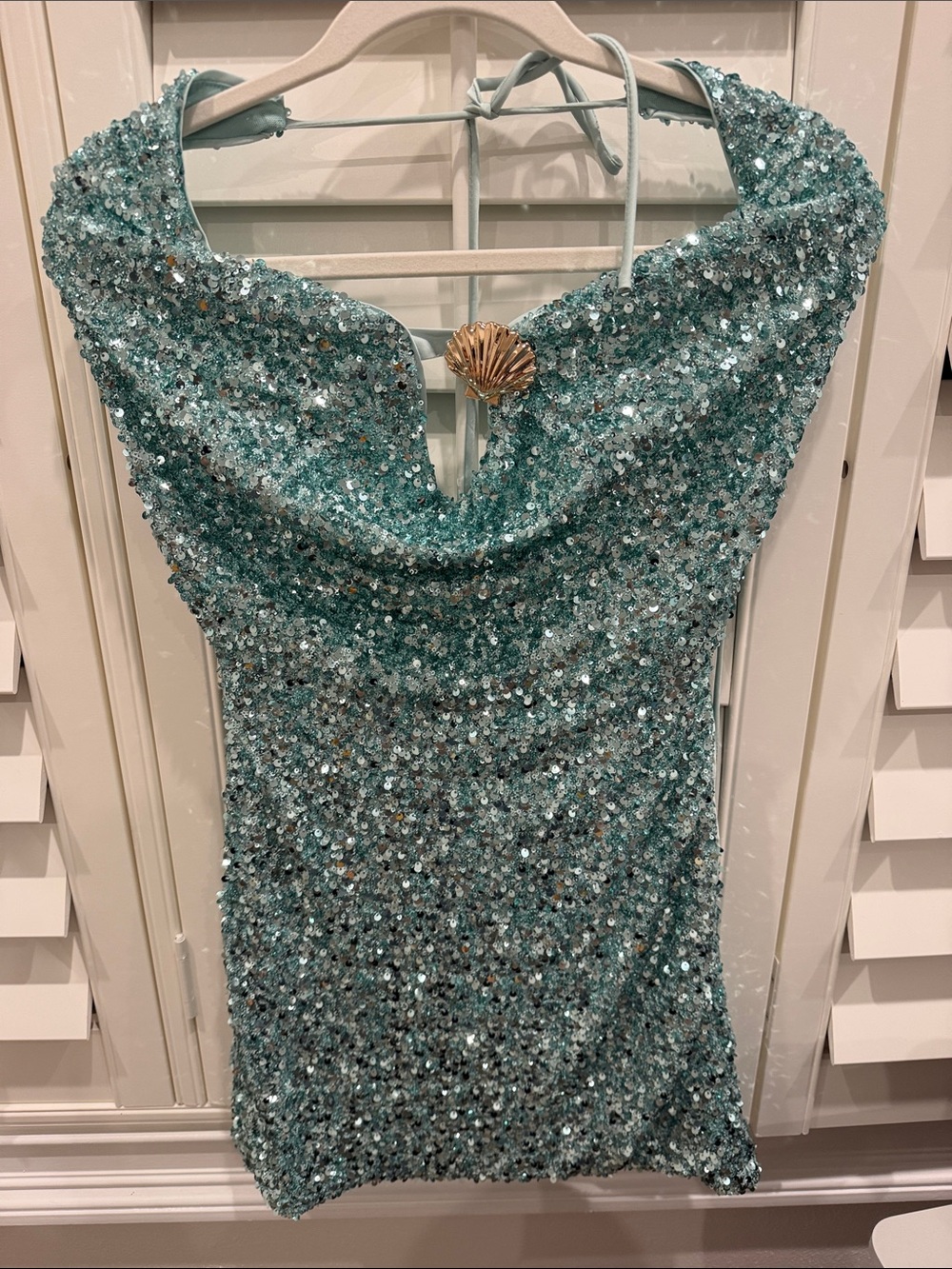 Sequin Cowl Neck Mini Dress in Aqua